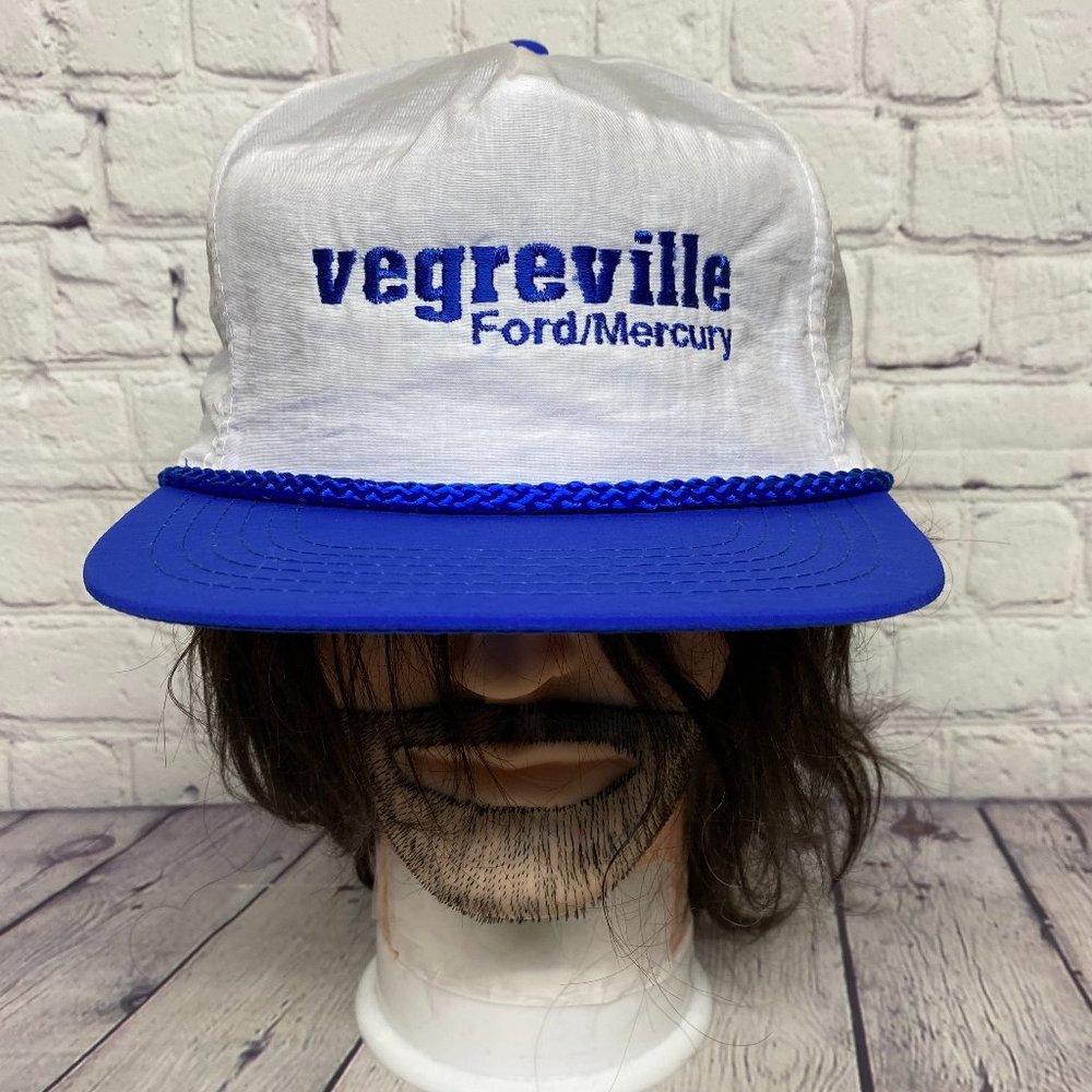 Vintage Hat Nylon Rope Cap Snapback White Blue VEGREVILLE Ford Mercury Dealer